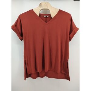 Zenana Womens V-Neck Tunic Top  Cuffed Sleeve Oversized Tee Rust Size 3X